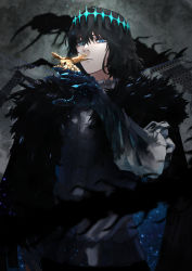 Rule 34 | 1boy, absurdres, black hair, blue eyes, blue nails, bug, cape, centipede, claws, closed mouth, crown, fate/grand order, fate (series), fingernails, fur-trimmed cape, fur trim, hand up, highres, insect, kdm (ke dama), looking at viewer, male focus, moth, nail polish, oberon (fate), oberon (third ascension) (fate), solo, spoilers, two-sided cape, two-sided fabric