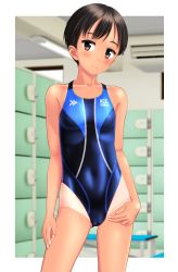 Rule 34 | 1girl, absurdres, black hair, blue one-piece swimsuit, brown eyes, cameltoe, clothes writing, collarbone, commentary request, competition swimsuit, contrapposto, covered navel, cowboy shot, flat chest, groin, highres, locker, logo, looking at viewer, multicolored clothes, multicolored swimsuit, one-piece swimsuit, one-piece tan, original, short hair, solo, standing, swimsuit, takafumi, tan, tanline