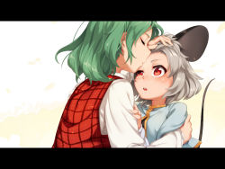 Rule 34 | 2girls, animal ears, asutora, capelet, closed eyes, green hair, grey hair, half-closed eye, kazami yuuka, kiss, kissing forehead, letterboxed, long sleeves, mouse ears, mouse tail, multiple girls, nazrin, plaid, plaid vest, red eyes, short hair, tail, touhou, uneven eyes, vest, yuri
