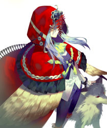 Rule 34 | 1girl, ascot, big bad wolf, blue eyes, blue pants, bracelet, capelet, cloak, closed mouth, from side, green ascot, hair between eyes, hood, hood up, hooded cloak, jewelry, little red riding hood, little red riding hood (grimm), long hair, long sleeves, looking at viewer, original, pants, red capelet, simple background, smile, standing, white background, wolf, yamakawa, yellow eyes