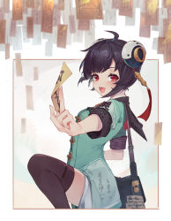 Rule 34 | 1girl, :d, ahoge, ariakk, bag, between fingers, black hair, breasts, brown thighhighs, chinese commentary, commentary request, cowboy shot, handbag, highres, holding, leg lift, light blush, looking at viewer, ofuda, ofuda between fingers, open mouth, pulao: dragontoll (punishing: gray raven), pulao (punishing: gray raven), punishing: gray raven, red eyes, short hair, small breasts, smile, solo, standing, standing on one leg, swept bangs, thighhighs