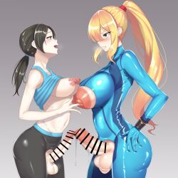Rule 34 | 2futa, absurdres, bar censor, black pants, blonde hair, blue bodysuit, blush, bodysuit, breasts, censored, clenched teeth, clothes lift, commission, covered navel, crossover, crotchless, crotchless bodysuit, crotchless pants, erection, eye contact, frottage, futa with futa, futanari, hand on own ass, high ponytail, highres, large areolae, large breasts, large penis, large testicles, leggings, long hair, looking at another, low ponytail, metroid, multiple futa, navel, negi (takuya t), nintendo, nippleless clothes, nipples, open mouth, pants, penis, penis size difference, penises touching, perky breasts, pixiv commission, ponytail, precum, precum string, samus aran, shirt lift, sleeveless, smile, teeth, testicles, wii fit, wii fit trainer, wii fit trainer (female), zero suit