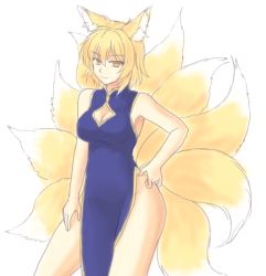 Rule 34 | 1girl, animal ears, armpits, blonde hair, breasts, china dress, chinese clothes, cleavage, cleavage cutout, clothing cutout, dress, fox ears, fox tail, hands on own hips, isaki (gomi), looking at viewer, multiple tails, no panties, orange eyes, short hair, sketch, smile, smirk, solo, tail, touhou, wide hips, yakumo ran