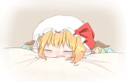 Rule 34 | 1girl, blonde hair, blush, closed eyes, crying, flandre scarlet, glowing, glowing wings, hat, hat ribbon, highres, medium hair, mob cap, multicolored wings, nose blush, open mouth, red ribbon, ribbon, ribbon-trimmed headwear, ribbon trim, shoupon, simple background, solo, touhou, wings
