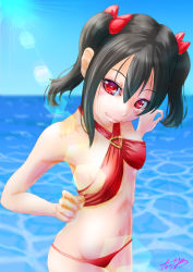 Rule 34 | 1girl, absurdres, artist name, artist request, bare shoulders, bikini, bikini skirt, black hair, blue sky, blush, bow, breasts, cleavage, cloud, collarbone, criss-cross halter, day, female focus, flat chest, flower, hair between eyes, hair bow, hair flower, hair ornament, halterneck, highres, long hair, looking at viewer, love live!, love live! school idol festival, love live! school idol project, ocean, outdoors, parted lips, red bikini, red eyes, shangri-la shower, short hair, short twintails, side-tie bikini bottom, sky, small breasts, smile, solo, swimsuit, twintails, white flower, yazawa nico