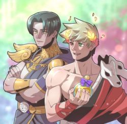 Rule 34 | 2boys, alternate hair color, ancient greek clothes, astraea f, black hair, black nails, black sclera, blonde hair, colored sclera, crossed arms, gorget, greco-roman clothes, green eyes, hades (series), hades 1, heterochromia, laurel crown, male focus, mismatched sclera, multiple boys, nail polish, open mouth, red eyes, single bare shoulder, skull, smile, thanatos (hades), yellow eyes, zagreus (hades)