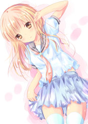 Rule 34 | 1girl, blonde hair, blue skirt, blush, brown eyes, collarbone, commentary request, long hair, looking at viewer, lying, neckerchief, on back, original, parted lips, pink neckerchief, pleated skirt, puffy short sleeves, puffy sleeves, school uniform, serafuku, shihou haru, shirt, short sleeves, skirt, solo, thighhighs, white shirt, white thighhighs