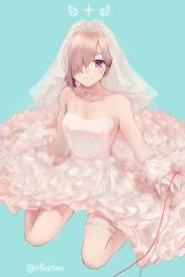Rule 34 | 1girl, alternate costume, aqua background, bad id, bad pixiv id, bare arms, bare legs, bare shoulders, bow, bride, closed mouth, cross, dress, fate/grand order, fate (series), frilled dress, frills, full body, gloves, hair over one eye, kneeling, light purple hair, looking at viewer, mash kyrielight, ofstan, purple eyes, short hair, simple background, smile, solo, strapless, strapless dress, string, string of fate, thighlet, twitter username, veil, waist bow, wedding dress, white bow, white dress, white gloves, wings