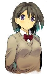 Rule 34 | 1girl, arms behind back, blush, bow, bowtie, breasts, brown hair, brown sweater, closed mouth, collared shirt, dot nose, eyebrows, eyelashes, ezaki papiko, facing away, frown, hair between eyes, hair ornament, hairclip, highres, long sleeves, looking at viewer, original, purple eyes, red bow, red bowtie, shirt, short hair, simple background, small breasts, solo, sweater, tareme, undershirt, v-neck, white background, white shirt