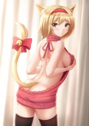 Rule 34 | 10s, 1girl, animal ears, ass, back, backless dress, backless outfit, bare arms, bare back, bare shoulders, black thighhighs, blonde hair, blush, breast hold, breasts, butt crack, cat ears, cat tail, closed mouth, cowboy shot, djeeta (granblue fantasy), dress, from behind, granblue fantasy, hairband, highres, kazenokaze, kemonomimi mode, looking at viewer, looking back, medium breasts, meme attire, naked sweater, short hair, sideboob, solo, sweater, sweater dress, tail, thighhighs, virgin killer sweater, yellow eyes
