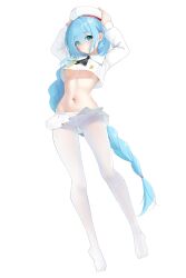 Rule 34 | 1girl, absurdres, arms up, ascot, azur lane, beret, black ascot, blue hair, blunt bangs, braid, breasts, closed mouth, crop top, eyes visible through hair, full body, green eyes, hat, highres, janus (azur lane), janus (fear of changing...clothes) (azur lane), long braid, long hair, looking at viewer, medium breasts, navel, official alternate costume, pantyhose, pleated skirt, school uniform, shirt, simple background, skirt, solo, stomach, underboob, very long hair, white background, white hat, white pantyhose, white shirt, white skirt, zerotwenty (020)