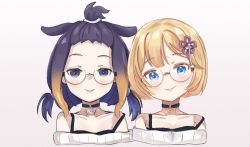Rule 34 | 2girls, absurdres, alternate hair length, alternate hairstyle, bangs pinned back, bespectacled, blush, breasts, choker, cleavage, glasses, hair flaps, hair ornament, highres, hololive, hololive english, implied yuri, matching outfits, multiple girls, ninomae ina&#039;nis, off-shoulder sweater, off shoulder, ribbed sweater, shiina rei, short hair, short twintails, smile, sweater, tentacle hair, twintails, virtual youtuber, watson amelia