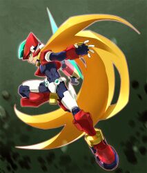 Rule 34 | 1boy, armor, blonde hair, cropped jacket, crotch plate, energy sword, forehead jewel, from side, green background, green eyes, helmet, holding, holding sword, holding weapon, jacket, kon (kin219), long hair, looking at viewer, mega man (series), mega man zx, model zx (mega man), open clothes, open jacket, power armor, red footwear, solo, sword, vent (mega man), weapon