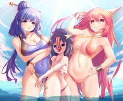 Rule 34 | 3girls, absurdres, armpits, arms under breasts, bikini, blue eyes, blue hair, bracelet, bracer, breasts, cabbie hat, cameltoe, collarbone, commentary request, frilled bikini, frills, ha kang, hair bun, hair ornament, hair stick, hat, highres, horns, ibaraki kasen, jewelry, kaku seiga, korean commentary, large breasts, leg tattoo, long hair, miyako yoshika, multiple girls, navel, ofuda, one-piece swimsuit, open mouth, outstretched arms, pink bikini, pink hair, red eyes, short hair, single hair bun, slingshot swimsuit, small breasts, star (symbol), stitches, sunlight, swimsuit, tattoo, teeth, touhou, translation request, very long hair, wading, water, zombie pose