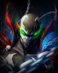 Rule 34 | 1boy, cape, chain, glowing, glowing eyes, green eyes, image comics, image sample, male focus, mask, skull, solo, spawn, spawn (spawn), superhero costume