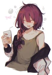 Rule 34 | 1girl, air bubble, alcohol, bare shoulders, blush, bocchi the rock!, bow, braid, brown dress, bubble, closed eyes, collarbone, commentary, cup, dress, drink, drinking straw, drooling, drunk, english commentary, flat chest, hair between eyes, hair bow, highres, hiroi kikuri, holding, holding cup, ice, initial, jacket, long hair, messy hair, mouth drool, off shoulder, open clothes, open jacket, open mouth, oz sumire, raised eyebrow, red hair, signature, simple background, single braid, sleeveless, sleeveless dress, smile, solo, strap slip, teeth, upper body, upper teeth only, white background, white jacket