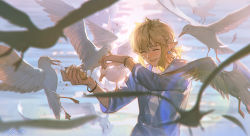 Rule 34 | 1boy, ^ ^, alzi xiaomi, animal, bird, blonde hair, blue shirt, bracelet, bread, closed eyes, day, earrings, falling feathers, feathers, food, highres, holding, holding food, jewelry, link, long sleeves, male focus, nintendo, open mouth, outdoors, pointy ears, ponytail, seagull, shirt, short hair, short ponytail, sidelocks, signature, smile, solo, the legend of zelda, the legend of zelda: breath of the wild, upper body