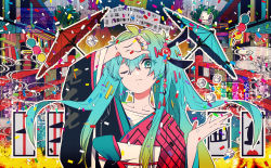 Rule 34 | 1girl, aqua eyes, aqua hair, arm up, black kimono, blonde hair, blue screen of death, bridge, collarbone, commentary, confetti, dango, dice, food, frown, gradient hair, hair between eyes, hair ornament, hand on forehead, hand on own forehead, hatsune miku, highres, japanese clothes, japanese house, kimono, looking at viewer, magatan, multicolored hair, multicolored nails, nail polish, obi, oil-paper umbrella, one eye closed, outline, railing, red kimono, rooftop, sash, scroll, solo, striped clothes, striped kimono, test card, twintails, two-tone hair, umbrella, upper body, vocaloid, wagashi, waves, white outline, whorled clouds, yukata
