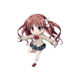 Rule 34 | 1girl, ankle socks, blazer, blue skirt, blush, bow, bowtie, brown eyes, brown footwear, brown hair, brown jacket, collared shirt, hair bow, highres, jacket, kuena, loafers, long sleeves, looking at viewer, outstretched arms, parted lips, pleated skirt, red bow, red bowtie, school uniform, shirai kuroko, shirt, shoes, simple background, skirt, smile, socks, solo, standing, standing on one leg, toaru kagaku no railgun, toaru majutsu no index, twintails, v-shaped eyebrows, white background, white bow, white shirt, white socks