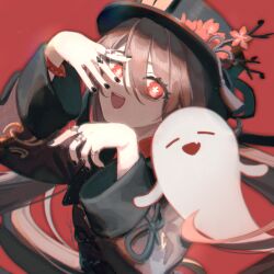 Rule 34 | 1girl, :d, absurdres, black hat, black nails, bracelet, brown hair, flower, flower-shaped pupils, genshin impact, ghost, glint, hair between eyes, hand over face, hat, hat flower, highres, hu tao (genshin impact), jewelry, lemontea, long hair, long sleeves, looking at viewer, multiple rings, nail polish, open mouth, red background, red eyes, red flower, ring, signature, simple background, smile, solo, symbol-shaped pupils, twintails, upper body, very long hair