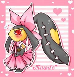 Rule 34 | belt, blush, bow, bowtie, character name, clothed pokemon, creatures (company), dress, game freak, gen 3 pokemon, hair ornament, hand on own hip, heart, heart tattoo, hip focus, mawile, nintendo, no humans, pink background, pinkmaggot, pokemon, pokemon (creature), solo, tattoo, tsundere