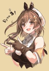 Rule 34 | 1girl, atelier (series), atelier ryza, atelier ryza 3, black gloves, brown eyes, brown hair, earrings, gloves, hat, highres, jewelry, looking at viewer, open mouth, reisalin stout, smile, solo, white hat