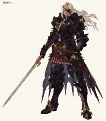 Rule 34 | 1boy, armor, belt, blonde hair, blue eyes, breastplate, closed mouth, eyepatch, full armor, full body, gauntlets, greaves, grey background, highres, holding, holding sword, holding weapon, kotatsu (g-rough), long hair, looking at viewer, male focus, armored boots, one eye covered, original, pauldrons, shoulder armor, simple background, solo, standing, sword, waist cape, weapon