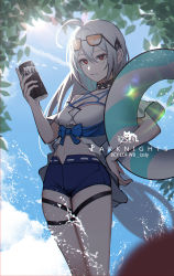 Rule 34 | 1girl, ahoge, arknights, black choker, blue shorts, blue sky, breasts, can, choker, commentary request, copyright name, cowboy shot, day, eyewear on head, hair between eyes, hand on own hip, hand up, highres, holding, holding can, innertube, iz\, long hair, navel, no headwear, official alternate costume, outdoors, red eyes, short shorts, shorts, silver hair, skadi (arknights), skadi (waverider) (arknights), sky, small breasts, solo, standing, stomach, sunglasses, swim ring, thigh strap, thighs, very long hair