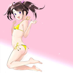 Rule 34 | 1girl, artist name, asymmetrical bangs, barefoot, bikini, black hair, commentary request, feet, flat chest, from side, hair ribbon, halterneck, highres, jumping, legs, legs up, looking at viewer, mayafufu, medium hair, micro bikini, open mouth, original, partial commentary, pink background, purple eyes, ribbon, side-tie bikini bottom, signature, smile, solo, swimsuit, toes, twintails, two-tone background, w arms, white background, yellow bikini