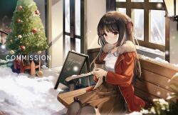 Rule 34 | 1girl, absurdres, bench, black hair, black thighhighs, blurry, blush, braid, breasts, brown skirt, cafe, cafe stella to shinigami no chou, christmas, christmas ornaments, christmas tree, closed mouth, coat, coffee, collared shirt, commentary request, commission, cup, depth of field, dress shirt, expressionless, eyelashes, eyes visible through hair, flower, foreshortening, fur-trimmed coat, fur trim, guzangnanfeng, hair between eyes, hair flower, hair ornament, hair ribbon, heart, high-waist skirt, highres, holding, holding cup, long hair, long sleeves, looking at viewer, medium breasts, night, official alternate costume, on bench, open clothes, open coat, outdoors, pleated skirt, red coat, red ribbon, ribbon, rose, shiki natsume, shirt, side braid, sitting, skirt, snow, snowing, solo, straight hair, thighhighs, very long hair, watermark, white flower, white rose, white shirt, yellow eyes, zettai ryouiki