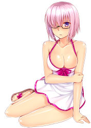 Rule 34 | 1girl, absurdres, bare shoulders, blush, breasts, cleavage, collarbone, fate/grand order, fate (series), flip-flops, glasses, gu li, hair over one eye, highres, large breasts, looking at viewer, mash kyrielight, mash kyrielight (swimsuit of perpetual summer), official alternate costume, parted lips, pink hair, purple eyes, sandals, short hair, sitting, solo