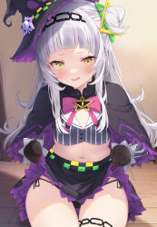 Rule 34 | 1girl, arched bangs, black capelet, black panties, black skirt, blush, breasts, brooch, brown gloves, capelet, chain, chain hairband, clothes lift, cone hair bun, cropped shirt, gloves, grey hair, hair bun, hairband, hat, hat ornament, head chain, highres, hololive, jewelry, kurono yuzuko, long hair, long sleeves, looking at viewer, lowleg, lowleg skirt, midriff, multicolored eyes, murasaki shion, murasaki shion (1st costume), navel, neck ribbon, one side up, panties, pinstripe pattern, pinstripe shirt, purple headwear, red ribbon, ribbon, shirt, short eyebrows, single side bun, skirt, skirt lift, small breasts, solo, star brooch, stomach, string panties, striped clothes, striped shirt, thigh strap, thighs, tilted headwear, underwear, vertical-striped clothes, vertical-striped shirt, vest, virtual youtuber, witch hat, wooden floor, wooden wall