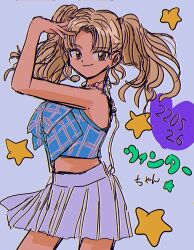 Rule 34 | 1990s (style), 1girl, aespa, animification, blonde hair, blue shirt, brown eyes, commentary, cropped shirt, dated, earpiece, grey background, hair behind ear, heart, highres, k-pop, long hair, looking to the side, parted bangs, pleated skirt, real life, retro artstyle, shirt, sketch, skirt, sleeveless, sleeveless shirt, smile, solo, star (symbol), symbol-only commentary, twintails, white skirt, winter (aespa), yum23930955