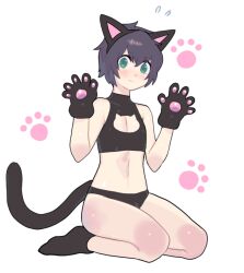 Rule 34 | 1boy, animal ears, animal hands, bare shoulders, black panties, blush, cat cutout, cat ears, cat tail, closed mouth, clothing cutout, crop top, fake animal ears, flying sweatdrops, full body, gloves, green eyes, looking at viewer, male focus, original, panties, paw gloves, seiza, short hair, sitting, spicybeef, tail, trap, underwear, white background