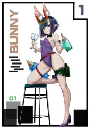 Rule 34 | 1girl, absurdres, animal ears, b.d, bare shoulders, belt, bottle, bow, bowtie, breasts, covered navel, cup, detached collar, drinking glass, eyeliner, fake animal ears, fate/grand order, fate (series), full body, gourd, headpiece, high heels, highleg, highleg leotard, highres, horns, leotard, looking at viewer, makeup, oni, playboy bunny, pointy ears, purple eyes, purple footwear, purple hair, purple leotard, rabbit ears, short eyebrows, short hair, shuten douji (fate), skin-covered horns, small breasts, smile, solo, stool, thigh strap, wine bottle, wine glass, wrist cuffs