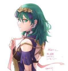 Rule 34 | 1girl, backless outfit, breasts, byleth (female) (fire emblem), byleth (fire emblem), closed mouth, clothing cutout, cosplay, diadem, enlightened byleth (female), fire emblem, fire emblem: three houses, from side, green eyes, green hair, hair between eyes, long hair, medium breasts, neck ribbon, nintendo, pink ribbon, ribbon, robaco, shoulder cutout, sideboob, simple background, smile, solo, sothis (fire emblem), sothis (fire emblem) (cosplay), twitter username, white background