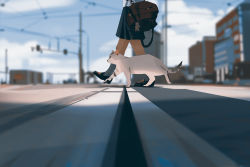 Rule 34 | 1girl, animal, bag, blurry, blurry background, building, cat, city, cloud, commentary, day, depth of field, english commentary, highres, legs, loafers, lower body, original, outdoors, pleated skirt, road, school uniform, shoes, skirt, sky, snatti, socks, solo, stuffed animal, stuffed toy, walking