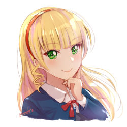 Rule 34 | 1girl, 20s, artist name, blonde hair, closed mouth, commentary, green eyes, hairband, heanna sumire, highres, long hair, long sleeves, looking at viewer, love live!, love live! superstar!!, portrait, red neckwear, school uniform, shamakho, signature, smile, solo, upper body