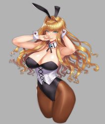 Rule 34 | 1girl, animal ears, arms up, bare shoulders, black leotard, black ribbon, blonde hair, blue eyes, blunt bangs, blush, breasts, cleavage, collarbone, commentary request, covered navel, cowboy shot, cross-laced clothes, damegane, detached collar, eyelashes, fake animal ears, grey background, hair intakes, hand in own hair, hand on own cheek, hand on own face, heart, highleg, highleg leotard, highres, hip focus, jewelry, large breasts, leotard, looking at viewer, neck ribbon, original, pantyhose, parted lips, pendant, playboy bunny, rabbit ears, ribbon, simple background, smile, solo, thighs, victoria (damegane), wavy hair, wide hips, wrist cuffs