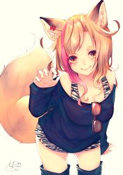 Rule 34 | 1girl, animal ear fluff, animal ears, animal print, arm support, bare shoulders, beige background, black thighhighs, blush, breasts, brown-framed eyewear, chita (ketchup), claw pose, cleavage, closed mouth, commentary request, ear piercing, eyewear hang, unworn eyewear, fox ears, fox girl, fox tail, hand up, head tilt, highres, leaning forward, light brown hair, long hair, long sleeves, medium breasts, off-shoulder shirt, off shoulder, original, piercing, red eyes, shirt, simple background, skirt, sleeves past wrists, smile, solo, tail, tail raised, thick eyebrows, thighhighs, twitter username, zebra print