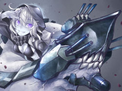 Rule 34 | 10s, 1girl, abyssal ship, black bra, black dress, bra, breasts, cannon, cleavage, dress, grin, hood, kantai collection, looking at viewer, okitakung, open clothes, open dress, purple eyes, re-class battleship, salute, scarf, silver hair, smile, solo, underwear