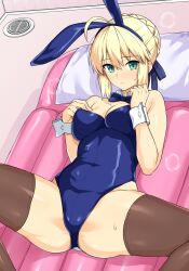 Rule 34 | 1girl, ahoge, air mattress, animal ears, artoria pendragon (all), artoria pendragon (fate), blonde hair, blue bow, blue bowtie, blue hairband, blue leotard, blush, bow, bowtie, breasts, brown thighhighs, cleavage, closed mouth, commentary request, covered navel, fake animal ears, fate/grand order, fate (series), green eyes, hairband, haruhisky, highres, leotard, lying, medium breasts, on back, pillow, playboy bunny, rabbit ears, saber (fate), soapland, solo, thighhighs, white wrist cuffs, wrist cuffs