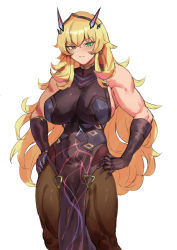 Rule 34 | 1girl, blonde hair, breasts, cowboy shot, barghest (fate), barghest (second ascension) (fate), fate/grand order, fate (series), gloves, hand on own hip, headband, heterochromia, highres, huge breasts, long hair, muscular, muscular female, pantyhose, pelvic curtain, pooor, sleeveless, standing