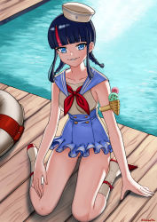 Rule 34 | 1girl, armlet, bare shoulders, black hair, blue eyes, blue sailor collar, blue skirt, blush, braid, breasts, buttons, double-breasted, fate/grand order, fate (series), grin, hat, highres, looking at viewer, low twin braids, medium breasts, medium hair, multicolored hair, one-piece swimsuit, pink hair, pool, poolside, sailor collar, sailor hat, shinsaku (stan-art), sidelocks, sitting, skirt, smile, solo, streaked hair, swimsuit, twin braids, utsumi erice, utsumi erice (swimsuit avenger), utsumi erice (swimsuit avenger) (second ascension), wariza, white hat, white one-piece swimsuit