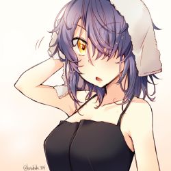 Rule 34 | 1girl, arm behind head, arm up, artist name, blush, breasts, cleavage, collarbone, gradient background, hair over one eye, highres, kantai collection, kotobuki (momoko factory), large breasts, looking at viewer, parted lips, purple hair, short hair, simple background, solo, tenryuu (kancolle), towel, towel on head, triangle mouth, twitter username, upper body, yellow eyes