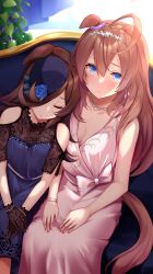 Rule 34 | 2girls, ahoge, animal ears, bare shoulders, blue eyes, blue flower, blue rose, blush, brown gloves, brown hair, closed eyes, clothing cutout, commentary request, couch, dress, flower, gloves, hair between eyes, hands on lap, hat, hat flower, head on another&#039;s shoulder, head rest, highres, horse ears, horse girl, horse tail, jewelry, long hair, looking at viewer, merxkialis, mihono bourbon (umamusume), multiple girls, nail polish, necklace, on couch, pink dress, purple dress, purple hair, red nails, rice shower (umamusume), rose, shoulder cutout, sitting, sleeveless, sleeveless dress, tail, umamusume, very long hair