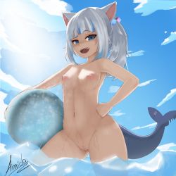 Rule 34 | absurdres, animal ears, blue eyes, breasts, cleft of venus, gawr gura, highres, hololive, hololive english, holomyth, looking at viewer, nipples, nude, open mouth, pussy, sharp teeth, small breasts, smile, teeth, virtual youtuber, wet, white hair