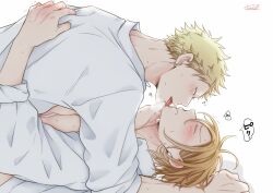 Rule 34 | 2boys, 961 masashi, artist name, blonde hair, blush, breath, closed eyes, collared shirt, ear piercing, given, hand on another&#039;s back, kaji akihiko, licking, licking another&#039;s face, male focus, multiple boys, nakayama haruki, piercing, shirt, short hair, signature, sound effects, speech bubble, sweatdrop, tongue, tongue out, translation request, white background, white shirt