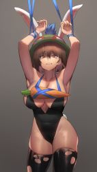 Rule 34 | 1girl, armpits, breasts, carrot, cleavage, groin, highres, hood (james x), league of legends, leotard, playboy bunny, simple background, solo, teemo, thighhighs, torn clothes