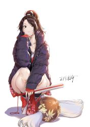 Rule 34 | 1girl, azuma kyoutarou (artist), brown eyes, brown hair, folded fan, coat, commentary request, fatal fury, folding fan, hand fan, hand on own chin, high ponytail, highres, long hair, ponytail, shiranui mai, sidelighting, simple background, solo, squatting, the king of fighters, white background